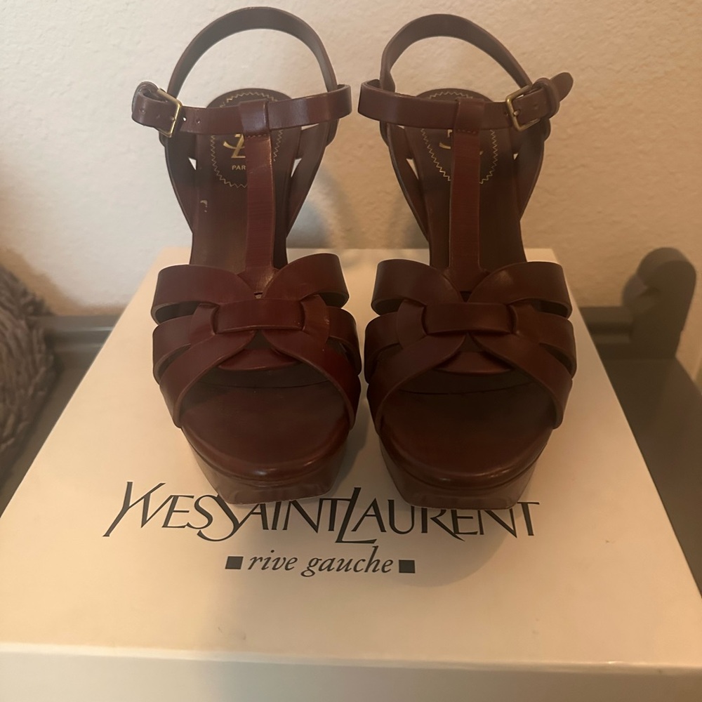 YSL Yves Saint Laurent Tribute Platform Heels Tabac Brown Leather Size 38 Worn 1